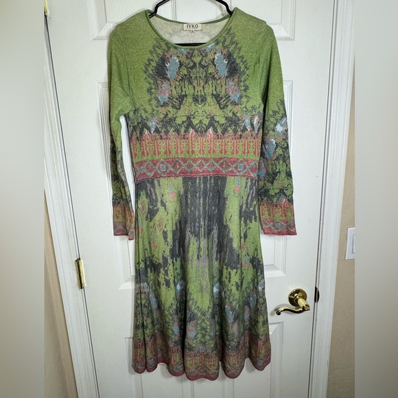 IVKO Woman 100% Wool Knit Dress 40 Green Multicolor Long Sleeve Merino Boho Folk - Picture 1 of 12